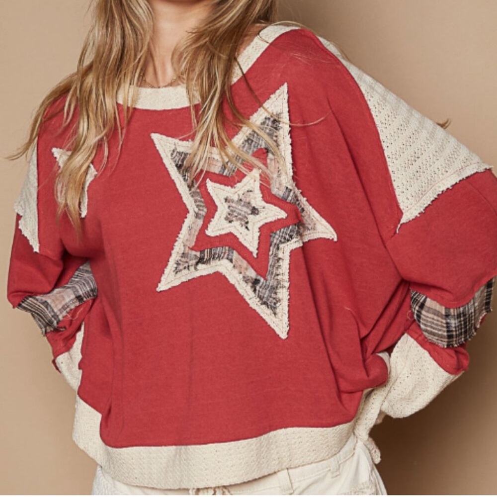POL OVERSIZED PATCHWORK KNIT TOP - image 1